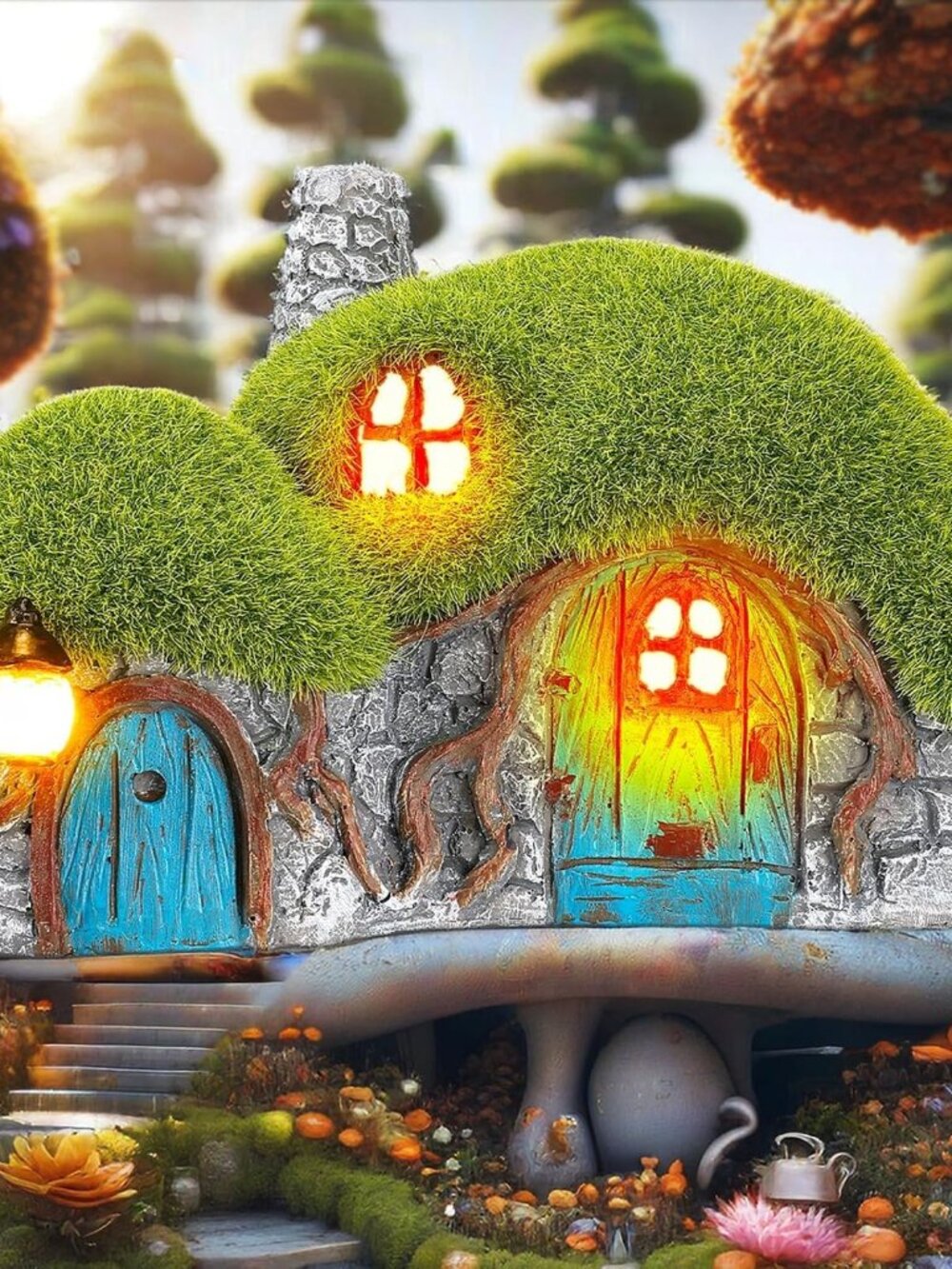 Solar Garden Cottage House Statue with LED Lights